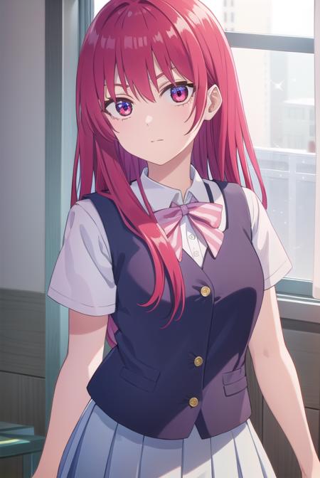 sakisaki, <lora:saki saki s2-lora-nochekaiser:1>,
saki saki, long hair, bangs, (red eyes:1.3), red hair,
BREAK skirt, shirt, bow, school uniform, white shirt, short sleeves, pleated skirt, bowtie, blue skirt, 
BREAK indoors, classroom,
BREAK looking at viewer, (cowboy shot:1.5),
BREAK <lyco:GoodHands-beta2:1>, (masterpiece:1.2), best quality, high resolution, unity 8k wallpaper, (illustration:0.8), (beautiful detailed eyes:1.6), extremely detailed face, perfect lighting, extremely detailed CG, (perfect hands, perfect anatomy),