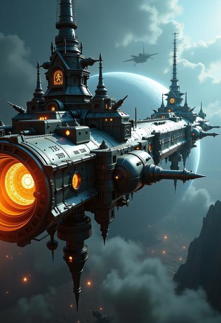A Digital codex page. "A hyper-detailed, cinematic portrayal of massive Gothic steampunk star battleships in the grimdark style of Warhammer 40k, captured in ultra-realistic 32k resolution. The battleships have a long, Hexagonal prism-shaped hull, with an imposing Cathedral-like bridges and enormous gun turrets, each adorned with intricate, glowing golden runes that add an arcane touch. Gothic, cathedral-like arches, bulkheads, and other architectural flourishes to give them the appearance of imperial grandeur. The ship have a lot of reinforced hulls and bulkheads. Towers, dooms and Windows, balcony.
vessels possess transparent shields. Brutalist in design, the ships bear heavily armored, jagged surfaces engraved with dark religious symbols. Guns and rune-marked turrets extend outward, casting shadows that enhance their intimidating presence.

In the background, a star system spreads out, featuring cosmic stars, scattered debris, and shadowed craters against a vast, starless void. The straight-on, full-shot angle provides a close view of these brutal ships, showcasing their grim, mechanical elegance as they drift silently through space. Cinematic lighting brings out the depth and detail in every engraving, armor texture, and metallic surface, with a subtle film grain overlay that adds realism and texture. The scene captures the haunting stillness and immense scale of Gothic architecture blended with futuristic warfare, creating a mystical, otherworldly atmosphere."