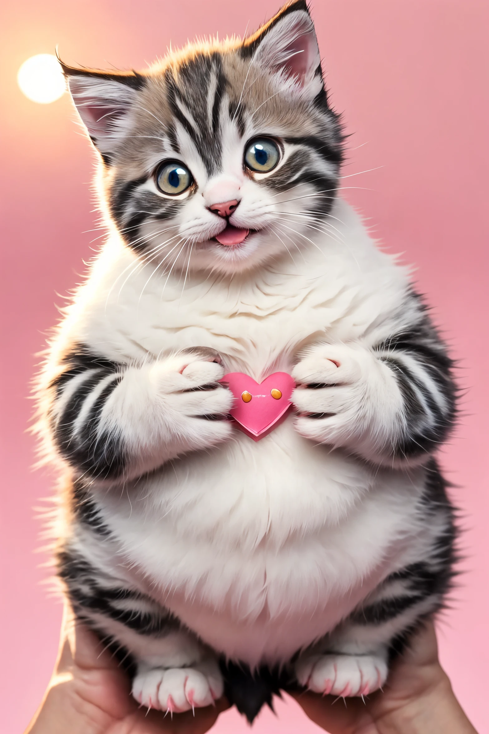 a small, simple, cuddly felt fat kitten holding a fish in its tiny hands, gazing directly into the camera with a joyful sm...
