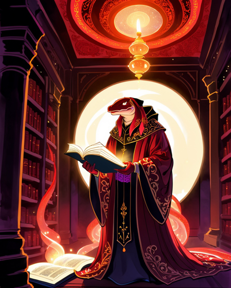 Bangaa scholar, with red scaly skin, ancient library, studying spellbooks, glowing crystals, floating scrolls, long ornate robes, high shadowy ceiling. glowing, comic drawing with thick strokes