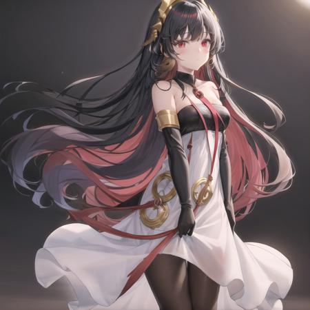 Lucia, 1girl, solo, long hair, breasts, looking at viewer, bangs, simple background, black hair, hair ornament, red eyes, gloves, white background, dress, bare shoulders, jewelry, very long hair, closed mouth, standing, full body, pantyhose, red hair, multicolored hair, earrings, black gloves, elbow gloves, white dress, two-tone hair, gradient, black pantyhose, strapless, black background, 1girl, masterpiece, highest quality, best quality, , highly detailed, best illustration, glowing hair <lora:Lucia-10:0.5>