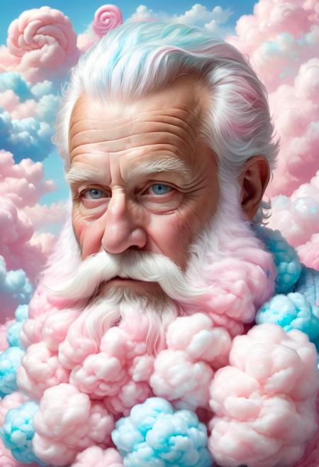 <lora:SDXLCottonCandy:1> cottoncandy  photo, of an old man with a long beard made out of cotton candy, up close, extremely detailed, cotton candy beard