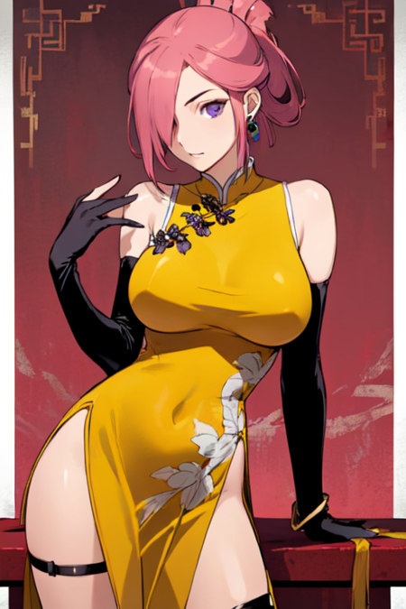 MarilynSue, 1girl, solo, yellow china dress, elbow gloves, chinese clothes, bare shoulders, pink hair, folded ponytail, jewelry, large breasts, purple eyes, earrings, thigh strap, side slit, bracelet, black gloves, hair over one eye, 