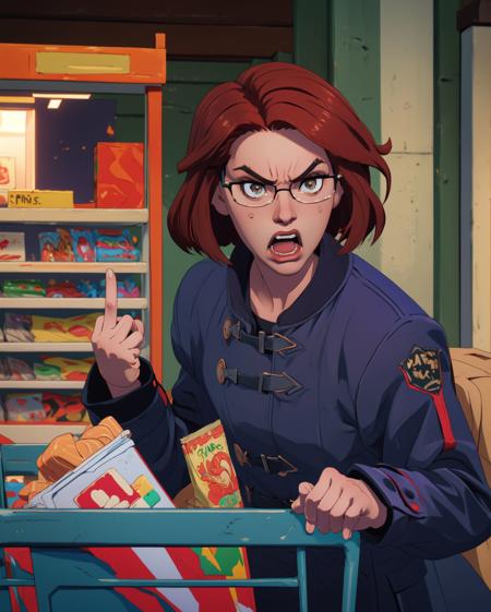 (masterpiece, best quality, high resolution:1.3),  (she had heard enough. she wanted to speak to a manager.:1.2)
<lora:el1z4TS4:0.6> el1z4ts4, short auburn hair, rectangular black-framed glasses, (winter coat:1.2), pushing shopping cart full of christmas gifts, indoor scene, crowded wal-mart, (middle finger, angry expression, shouting at teenager:1.3)  <lora:midfinger-left-v2-wasabiya:0.9>