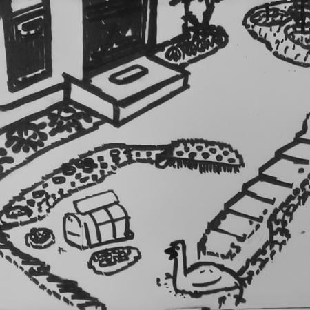 a black and white drawing of the side of a cottage with a tree and a letterbox and an ostrich lawn ornament in the garden with flowerbed and pond