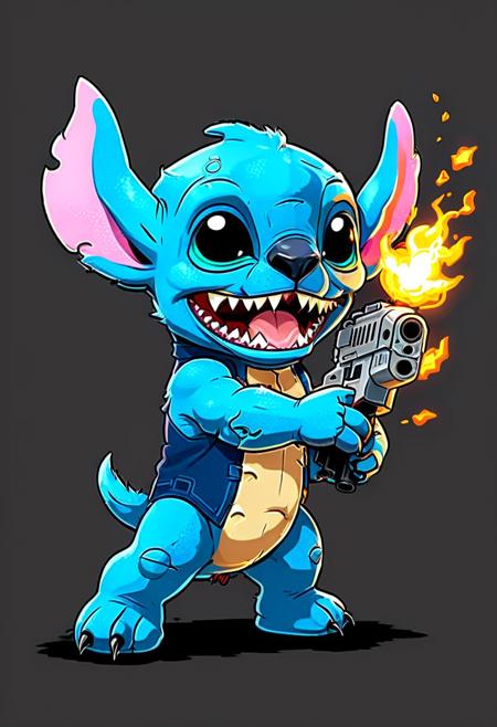 cartoon design of STITCH SHOOTING BLASTERS <lora:xl_more_art-full_v1:0.5>