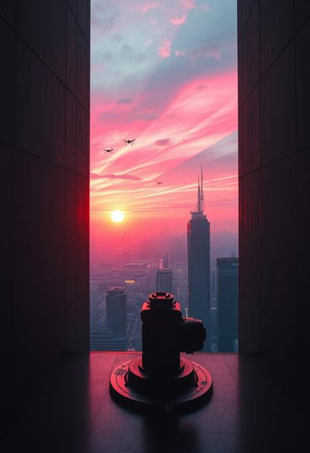 A fleeting sunrise captured from the POV of a camera inside a futuristic, dystopian high-rise, positioned behind a narrow, tinted slit in a sleek, matte-black concrete wall. For a single second, the sun’s neon-orange rays pierce through, illuminating the sterile interior—filled with glowing holographic displays and humming machinery—in a surreal, warm light. Outside, a sprawling cyberpunk cityscape stretches endlessly, with towering megastructures, flickering neon signs, and autonomous drones silhouetted against a sky streaked with electric pink and violet hues. The brief sunlight glints off a metallic surface within the room, highlighting the contrast between the cold, high-tech environment and the ephemeral beauty of the sunrise, before darkness reclaims the scene.