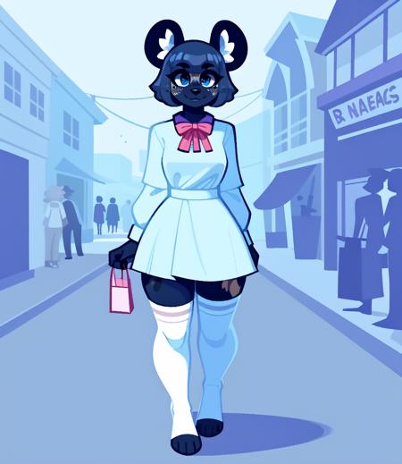 An anthropomorphic bipedal African wild dog dressed in people clothes doing a variety of every-day tasks, such as walking down a busy street and shopping at a market. ribbon around neck, freckles on face, white toeless legwear, thigh highs,cute, night on the town, pretty frilly dress, solo focus, anthro, blue eyes, bob cut, blunt bangs, swept bangs, clothing color scheme is a mixture of blue and white. full-length portrait, soft focus. by inkplasm, soft contrast, low contrast,