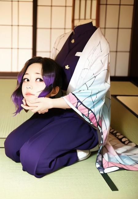 holding head, kochou shinobu,  <lora:Kochou_Shinobu:1> girl,resting on floor,kneeling, japanese home, kimono <lyco:EnvyBetterHands LoCon:1.0> <lora:db-last-v3-000020:1>