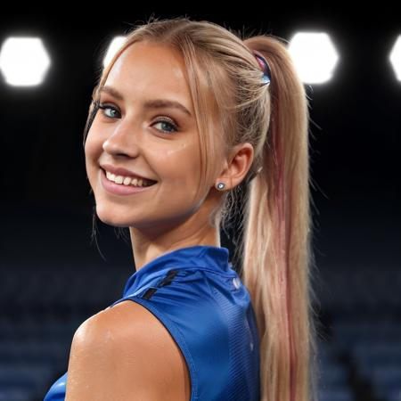 ultra realistic cute tanned girl with vivid blue eyes and medium boobs, long and high blonde hair ponytail, cinematic lighting, expressive style, vivid and colorful, ultra detail