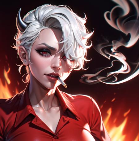 ((extreme detail)),(ultra-detailed),(painting), chiaroscuro, extremely detailed CG unity 8k wallpaper, best quality, portrait,zdrada,hell,fire in background,red shirt,smokey sky,((cigarette)),((smoking))