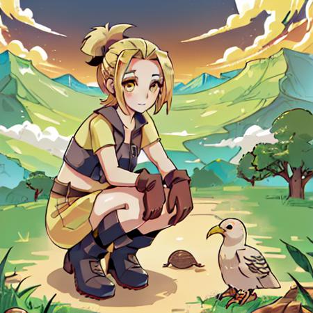 solo, senna, human, female, yellow eyes, gloves, squatting, forest, bird, trees, clouds, mountain <lora:pk_senna-000008:0.8>