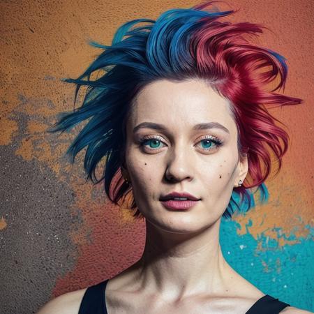 portrait photo of (zxzxberna) a model by Flora Borsi, style by Flora Borsi, bold, bright colours, Mohawk haircut, ((Flora Borsi))
 <lora:berna-000010:0.7>