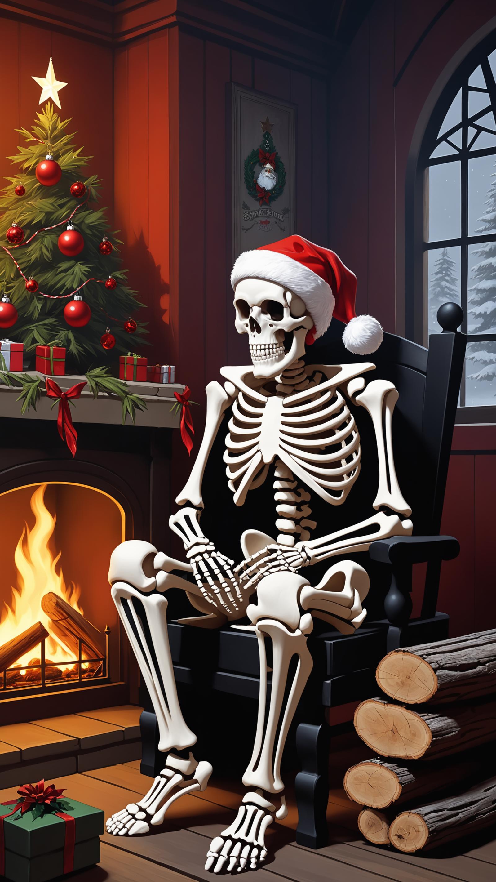 A skeleton wearing a Santa hat sits on a rocking chair in front of a Christmas tree.