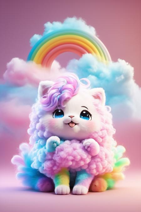 cutest huge fantasy cloud animal, with sprouting rainbow hair, hd, japanese anime artist drawn, dlsr, dream animal cute eyes, trending on artstation, cotton candy, octane render, cinematic, sitting on a hand, flof