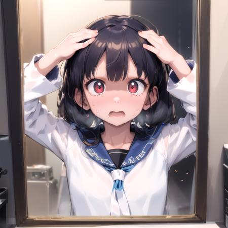 absurdres, higres, ultra detailed, face focus, solo, washroom, indoors, upper body,  pov,
1girl, forehead, hawawa, open mouth, !?, (hands on own head:1.2), surprised, red eyes, black hair, black serafuku, long sleeves, looking at mirror,
cinematic lighting, depth of field, HDR, ray tracing, perfect hands, 
<lora:envybetterhandsLocon_beta2:1> <lora:mayunashi_22222_8:2.5><lora:maro_eyebrows_22222_8:0> <lora:hawawa:1>