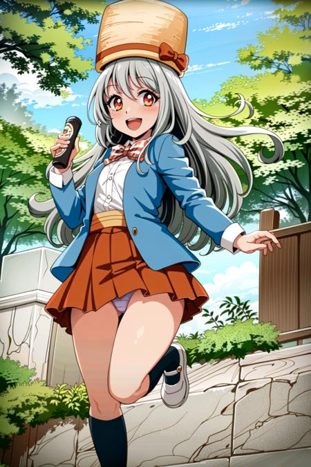 (masterpiece:1.5), best quality, (1girl, solo),
umami, 1girl, solo, long hair, hat, skirt, open mouth, socks, grey hair, smile, blue jacket , shoes, full body, kneehighs, red skirt, looking at viewer, blush, :d, standing on one leg, white footwear, bow, orange eyes, jacket, black socks, red eyes, pleated skirt, hat bow <lora:Umami-0011:0.7> perfect anatomy,cowboy shot, dynamic pose, upper body,panties, outdoors,((( blush)))
<lora:GoodHands-beta2:0.8>