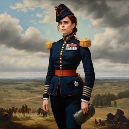 full-length full-body full-shot highly detailed ultrarealistic 19th century (oil painting:1.3) of (ewpp woman:1.3) wearing military uniform, standing on a battlefield, hd, 4k, high-quality