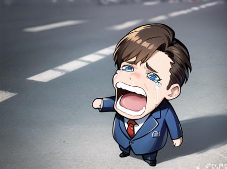 <lyco:Chopper-08:0.7> Choppermeme, solo, blue eyes, brown hair, 1boy, jacket, male focus, necktie, artist name, chibi, parody, formal, suit, red necktie, tearing up