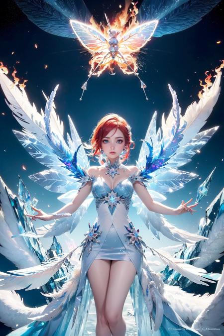 masterpiece,best quality,1girl,  (blue spark),(red and blue hair),blue eyes, burning sky,flame,Rainbow in the sky,((Flames burning ice)),(((fire  butterflies))),(((ice crystal texture wings))),(Flying sparks),(detailed ice),((a lot of luminous ice crystals)),((burning feathers)),(feathers made of ice),(frozen feathers),(((ice and fire together)))