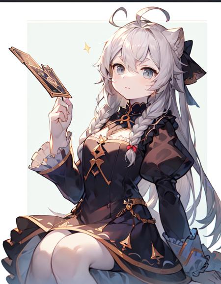 (tarot border:1.2),(masterpiece),(best quality),(ultra-detailed),(illustration),(white background:1.0),1girl,(grey hair:1.1),long wavy hair, (grey eyes:1.1),(ahoge:1.2),side braid,solo,puffy sleeves,dress,frills,black hair ribbon