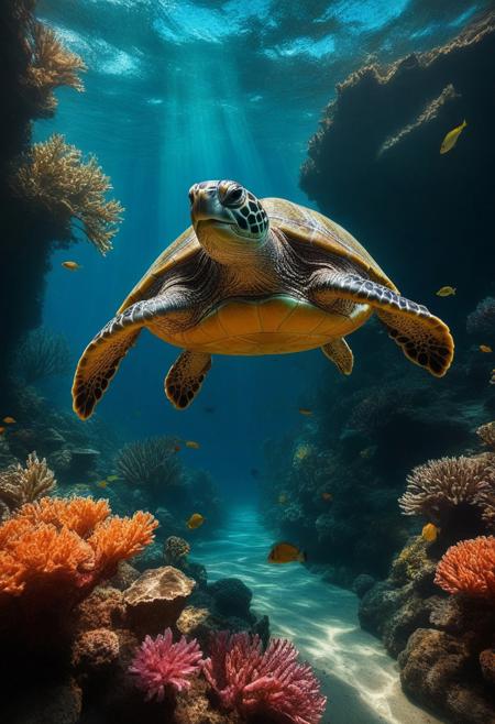 Create a ((wallpaper painting)) picture of one turtle underwater,  traditional finish, wallpaper style, vibrant beautiful colors, highly detailed, aesthetic, great lighting, extremely detailed,  award winning, perfect composition, a rich and complex image of nature, a vibrant tissue of hues and textures captured digitally, best quality, realistic, captivating, intricately detailed, hyper detailed, maximalist style, photorealist, sharp focus, dynamic lighting, superb composition, finest details, highest aesthetics, best quality, sharp focus, high contrast, stylized, clear, colorful, ultra quality, 8k, best quality, masterpiece,midjourneyv6.1, double exposure, g