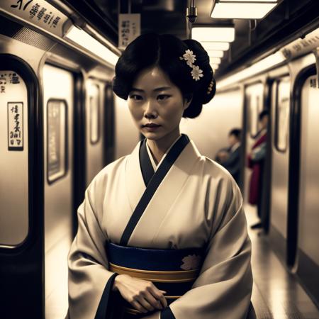 cinematic film still of Kodak Motion Picture Film: (Sharp Detailed Image) An Oscar winning movie for Best Cinematography a woman in a kimono standing on a subway train in Japan Kodak Motion Picture Film Style, shallow depth of field, vignette, highly detailed, high budget, bokeh, cinemascope, moody, epic, gorgeous, film grain, grainy