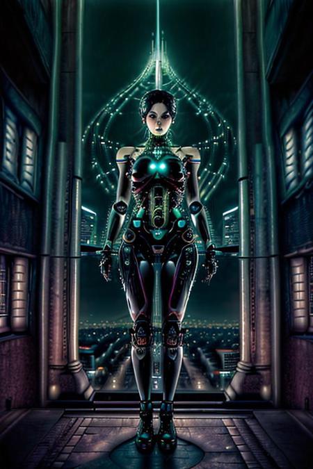 A feminine humanoid AI with expressive eyes gazes at a futuristic city skyline from a high balcony. The city below is alive with glowing vehicles, towering skyscrapers, and interactive billboards. A soft wind moves through her minimalistic attire