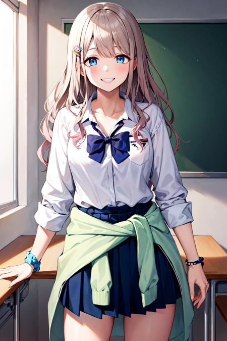 masterpiece, best quality, highres, hhasahi, long hair, wavy hair, hair ornament, gyaru, collarbone, bow, loose bowtie, white shirt, collared shirt, long sleeves, bracelet, wrist scrunchie, clothes around waist, blue skirt, pleated skirt, <lora:serizawa_asahi_v1:0.7>, classroom, standing, cowboy shot, grin