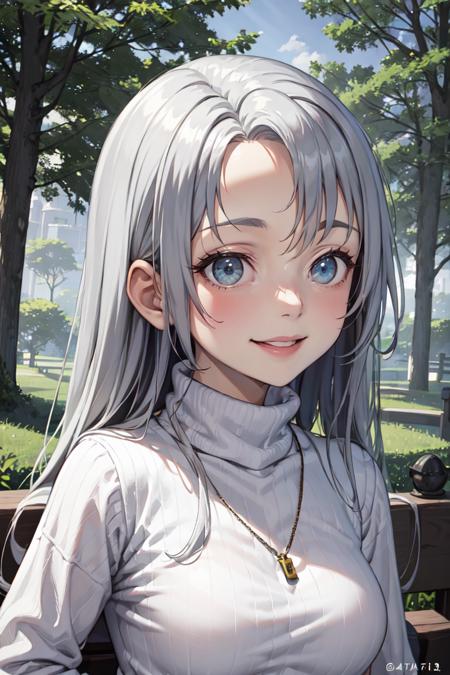 masterpiece, best quality, absurdres, KateTakayama, long hair, silver hair, forehead, sweater, ribbed sweater, portrait, upper body, smile, <lora:CHAR-KateTakayama:0.8>