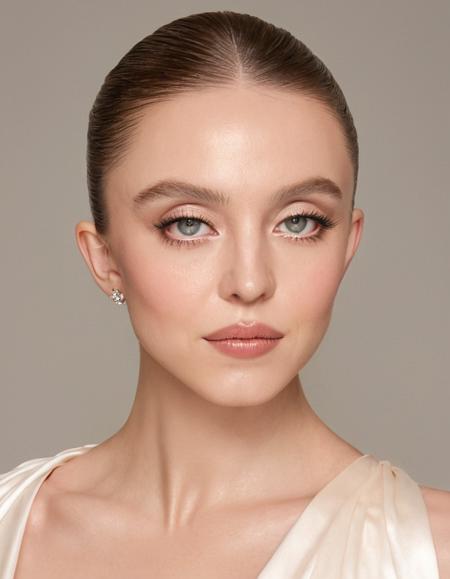 Create a high-resolution, hyper-realistic fashion portrait of a woman with an elegant, sophisticated look. The model has a serene and graceful expression, with a soft yet confident gaze that radiates elegance and poise. The lighting is soft but precise, highlighting the contours of their face and the texture of their hair, creating a balanced and polished effect. Their makeup is refined, with a natural glow to the skin, softly defined eyes, and a delicate lip color that complements the overall soft and elegant look. The outfit is chic and elegantâthink a flowing dress or tailored ensemble that exudes timeless sophistication