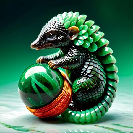 Obsidian Jade Style, An adorable baby pangolin, its entire body intricately crafted from polished green obsidian jade, each scale individually defined and catching the light, playing with a brightly colored yarn ball that's unraveling in a dynamic swirl, the scene captured as if frozen in time, highly detailed, sharp focus, tilt-shift, depth of focus, macrophotography, 4K, 8K, postprocessed, masterpiece, absurdres, made out of, mint, jade, green, fresh, refreshing