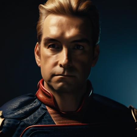 photograph of Homelanderz a man wearing his superhero outfit in a dark room looking at the camera, face close up, 8k, highly detailed, studio light   <lora:TheBoysv1.0:1>