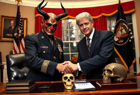 general satan in an immaculate military dress uniform posing for photo shaking hands with president clinton of the united states in sharp suit inside the oval office, real photograph,  dark empty eyes, lovecraftian, photorealistic, correct hands, correct fingers, presidential seal, vote button, campaign photo, election, decorative otherworldly demonic skull artifact on desk, monica lewinsky under desk with mouth full