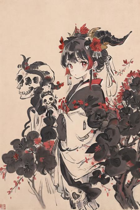 masterpiece, best quality, flat color, limited palette, low contrast,
1girl, serafuku, long straight black hair,
lycoris flower, goat skull,
(red, black)