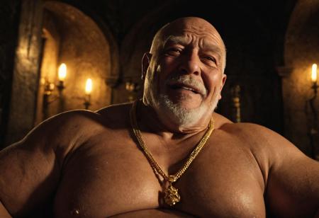 (photo, realistic, raw), (nighttime, at night, dark, dark hard shadows, cinematic atmosphere, movie grain, hazey atmosphere), gay porn, gay sex scene, closeup from below, focus on face, (brute, strongman, priest, european monk, cleric, holy, angelic, wise, gentleman, etherial, spiritual, emperor, king, god), old burly buff gentleman, goatee, old manly mature man, combed back hair,  doublechin, old tanned grandpa, wrinkly neck, proud big chest, thick neck, armpits, tanned skin, tight golden spandex, gold jewellery, gold necklace, in a dark cloister bedroom at night, nighttime,looking directly at viewer with a loving caring smile, leaning forward close to viewer, very close, intimite situation, romantic atmosphere, intimate lustful romantic expression, sad expression, belly and pecs from below