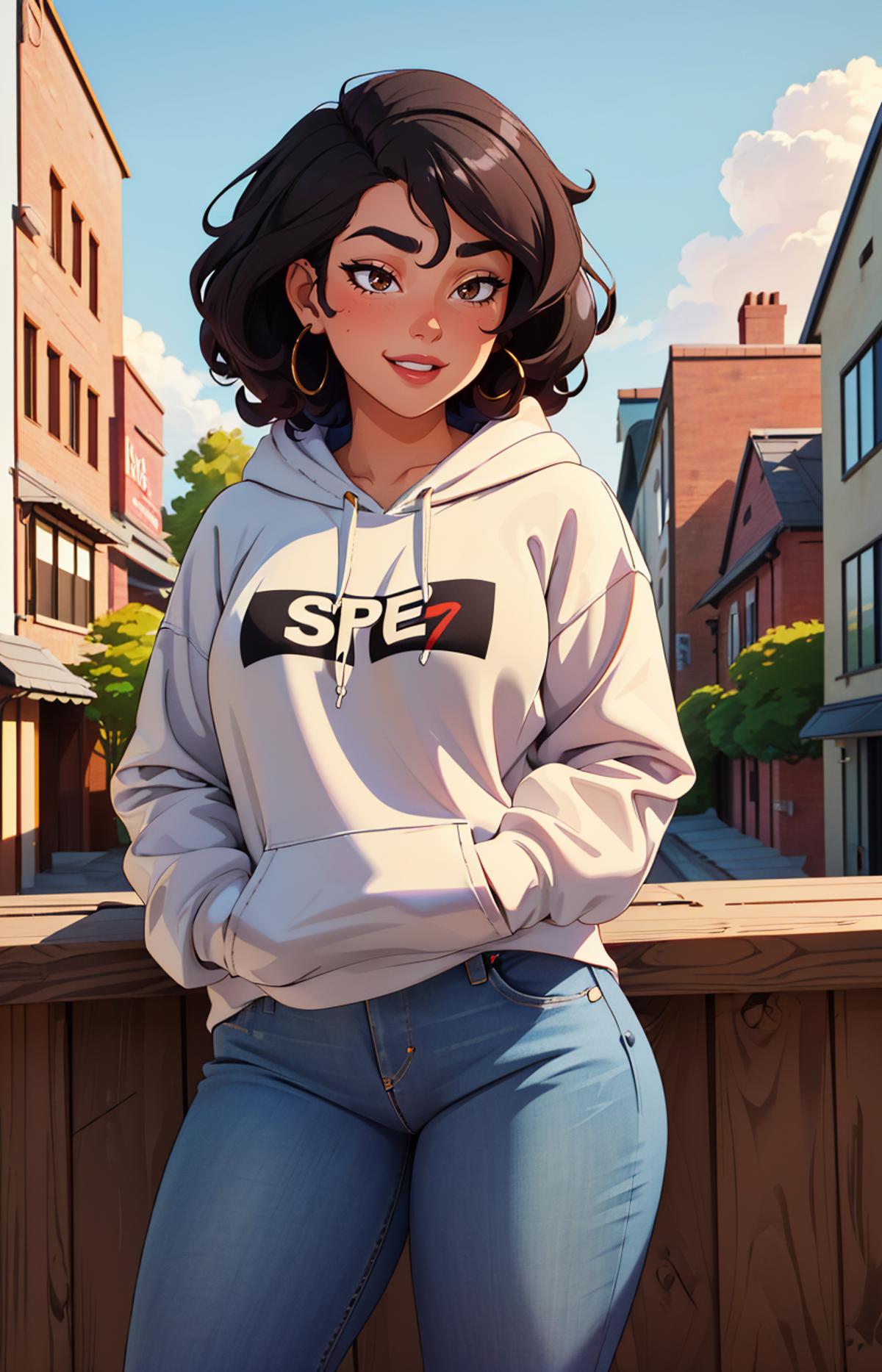 A cartoon illustration of a woman wearing a white sweatshirt with the word "SPE" on it.