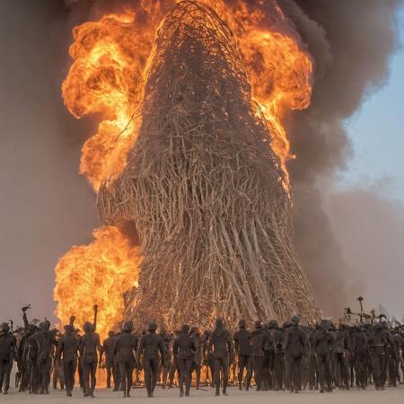 burning man festival rituals depicting huge mobs with pilgrims clothing contemplating the huge fire of the main sculpture