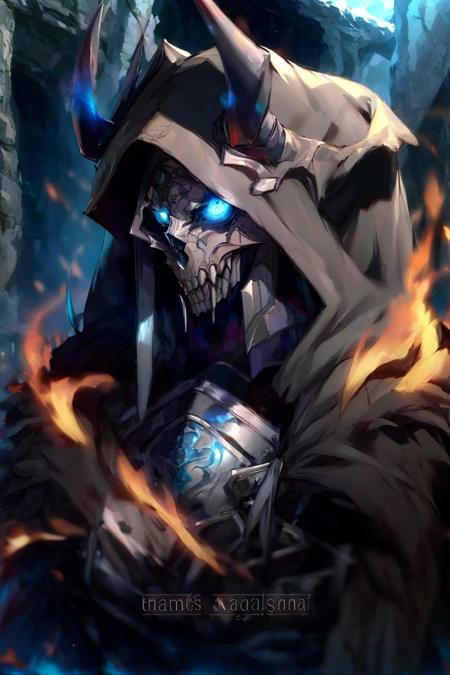 ha sang,1boy,king hassan \(fate\),horns,mask,male focus,solo,hood,hood up,cloak,upper body,looking at viewer,black cloak,<lora:ha sang_çåæ¡:0.9>,, (masterpiece), (best quality), HDR, intricate detail,