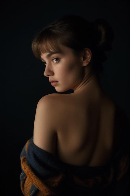 (masterpiece), (best quality), (ultra-detailed), cinematic film still, (warm and cold 2tones rim lighting, orange/blue, desaturated colors) (chiaroscuro, Rembrandt lighting:1.3) score_9, score_8_up, score_7_up portrait of a 1girl, cute_face, perfect eyes, perfect face, cute, innocent, bun, pajama pant down, open shirt, bare shoulder close-up on face, (fading backlit background:1.3) (shallow deph of field:1.1) Kodak Portra 400 analog film, night, dim light, dramatic lighting, (realistic:1.3), highly detailed, high budget, , cinemascope, moody, epic, gorgeous, film grain, grainy, masterpiece, best quality, perfect anatomy, very aesthetic, official art, 8k, SK_CINEMATIC zPDXL2 ImgFixerPre0.3