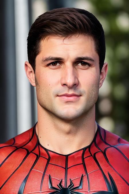 a photo of RJP0rta1es, a man, RAW, close portrait photo, spiderman suit, cosplay, (high detailed skin:1.2), 8k uhd, dslr, soft lighting, high quality, film grain, Fujifilm XT3 sharp focus, f 5.6