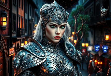 warrior woman, silver armor, intricate details, medieval alleyway, fantasy setting, pale skin, serious expression, white hair, (highly detailed:1.3), cinematic lighting, vibrant, miniature town, European architecture, bustling street, dusk lighting, vibrant colors, highly detailed, fantasy, mechanical surrealism, complex circuitry, humanoid head, monochromatic, intricate design, surreal, embossed metal, metallic textures, (hyper-detailed), miniature tree, dewdrops, forest, intricate roots, hyperrealistic, dreamy background, mystical, steaming coffee, surreal landscape, night sky, starry sky, Alpaca, whimsical, glowing crystals, skull, ornamental, magical, anthropomorphic giraffe, fantasy attire, wizard, enchanted book, (dark fantasy), enchanted forest, dark tones, whimsical, (high quality:1.4), ultra-detailed