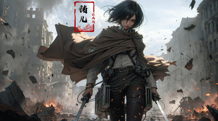 cape, black_hair, belt, holding, fire, gloves, solo, 1boy, holding_weapon, outdoors, weapon,
Mikasa1girlparadis military uniformbrown jacket3D Maneuver Gear, blades,
holding weaponthree-dimensional maneuver geartall boots, white shirtpantsbelt
red scarfshort hair, black hair, Survey Corps uniform, brown jacket, green regimental belt, 
survey corps V(emblem\), training corps V(emblemU), 
A mature facesideways glance, (cold attitude:1.5),watery eyes, 
<lora:~Q?-N	{  Mikasa:0.8>