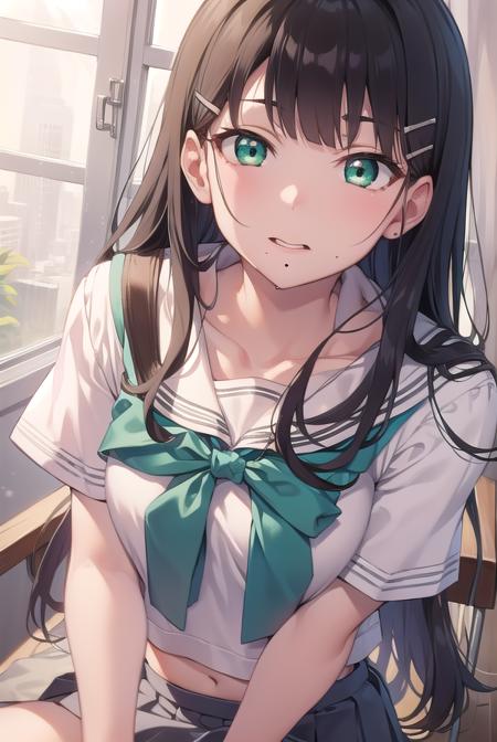 diakurosawa, <lora:diakurosawa:1>, dia kurosawa, black hair, (green eyes:1.5), blunt bangs, grey skirt, hair ornament, hairclip, mole, mole under mouth, (small breast:1.2),
BREAK grey skirt, midriff peek, pleated skirt, school uniform, serafuku, short sleeves, skirt, uranohoshi school uniform,
BREAK looking at viewer,
BREAK indoors, classroom,
BREAK <lyco:GoodHands-beta2:1>, (masterpiece:1.2), best quality, high resolution, unity 8k wallpaper, (illustration:0.8), (beautiful detailed eyes:1.6), extremely detailed face, perfect lighting, extremely detailed CG, (perfect hands, perfect anatomy),