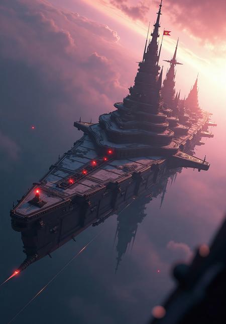 
(Masterpiece, ultra-realistic, 32k, best quality, hyper-detailed, cinematic lighting, reversal film photography, film grain, intricate textures, photorealistic, dramatic composition, immersive depth, trending on ArtStation.)

(A colossal space battle cruiser drifts silently through the vast interstellar void, its gothic-mechanical architecture an awe-inspiring fusion of sci-fi and medieval grandeur. Byzantine palace-cathedral elements dominate its structure, towering spires reaching skyward, adorned with fluttering banners that ripple against the cosmic expanse.)

(Shattered stained-glass windows scatter soft white and purple sunrise rays through the dust-filled corridors, illuminating the cybernetic decay woven into its divine yet eerie design. Embers drift weightlessly in the solemn silence, a haunting echo of forgotten wars and ancient faith.)

(A dynamic wide-angle shot, with volumetric lighting, deep atmospheric contrast, and high cinematic tension, evoking a sense of solemn reverence and otherworldly power.)


<lora:Hand v2:0.5> <lora:Anti-Blur:1><lora:Insane Detail Slider:0.25>  <lora:flux.1_lora_flyway_Epic-detail_v2:0.3> <lora:fluxenhancer:0.25> <lora:Anime_style:0.6> anime style
