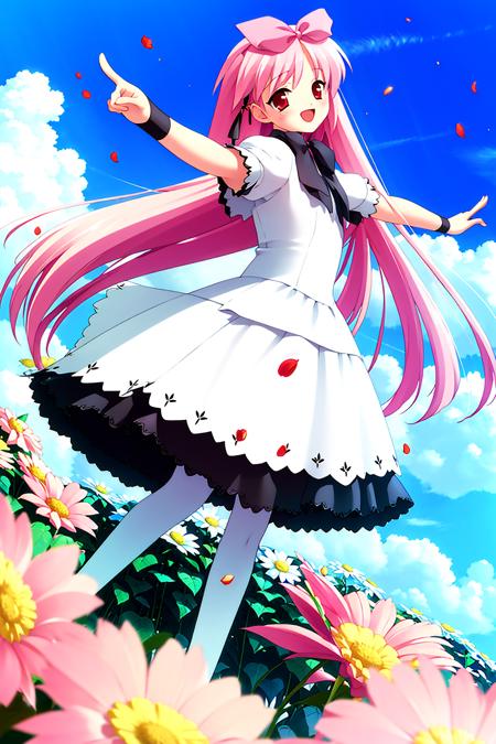 ((masterpiece, high quality, best quality)),
1girl, long hair, pink hair, red eyes, petals, black pantyhose, hair ribbon, sky, white dress, looking back, blush, day, white flower field, gothic, frills, outdoors, wristband, cloud, outstretched arms, light smile, wide shot, fish eye, dutch angle, full body, 
<lora:gayaro-style_v1.1:1.0>