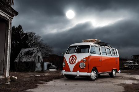 analog gloomy photo of an orange volkswagen kombi,  <lora:vwk0mb1:1>, ((haunted house:1.2)), zombie apocalypse, (abandoned town at (midnight)), (full moon), (winter), (snow), ((horror movie)), ((nighttime)), driving through a decayed city, ruins, dilapidated buildings, High Detail, Sharp focus, (photorealism), realistic, best quality, 8k, award winning, dramatic lighting, epic, cinematic, masterpiece, rim light, ambient fog:1.2,