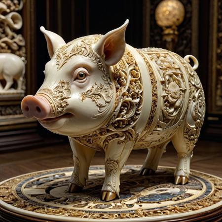 Museum-quality 35mm film photograph of an exceptionally rare and highly coveted collector's statue: a pig, masterfully sculpted from gleaming, polished ivory. The pig is depicted in a surprisingly dynamic, almost mischievous pose, captured from a dramatic low-angle side view.
The statue is the clear focal point, showcased within a softly blurred, out-of-focus background depicting an exclusive collector's private viewing room or a dimly lit, high-end museum display area. Hints of gleaming glass display stands, shadowy pedestals, and other indistinct, valuable artifacts are visible in this bokeh-rich background, contributing to an atmosphere of prestige and rarity.
Focused studio lighting with strong chiaroscuro dramatically illuminates the ivory pig, accentuating its hyper-detailed textures and subtle, humorous expression, while the surrounding environment remains subtly lit and out of focus due to a very shallow depth of field with rich, creamy bokeh. 
Every intricate detail of the pig, from the glint in its eye to the delicate carving, is rendered in breathtaking 8K resolution. This is a masterpiece of unconventional artistry, both amusing in its subject and strikingly luxurious in its execution, making it an undeniable collector's treasure.