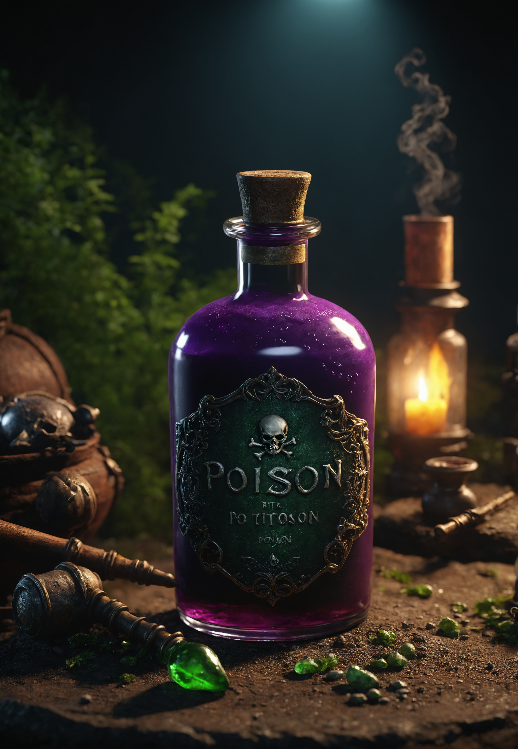 extremely detailed potion with poison, detailed environment, dark shot, rtx