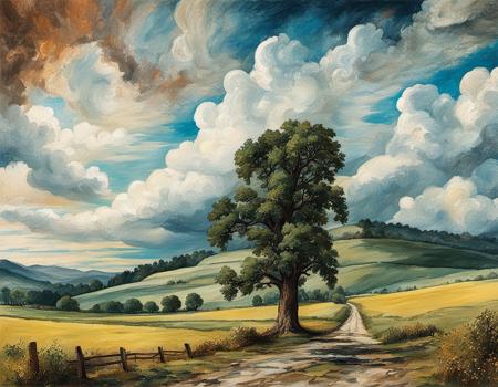 jhcst style a painting of massive tree rising into the heavens surrounded with  field with a path mountains and trees